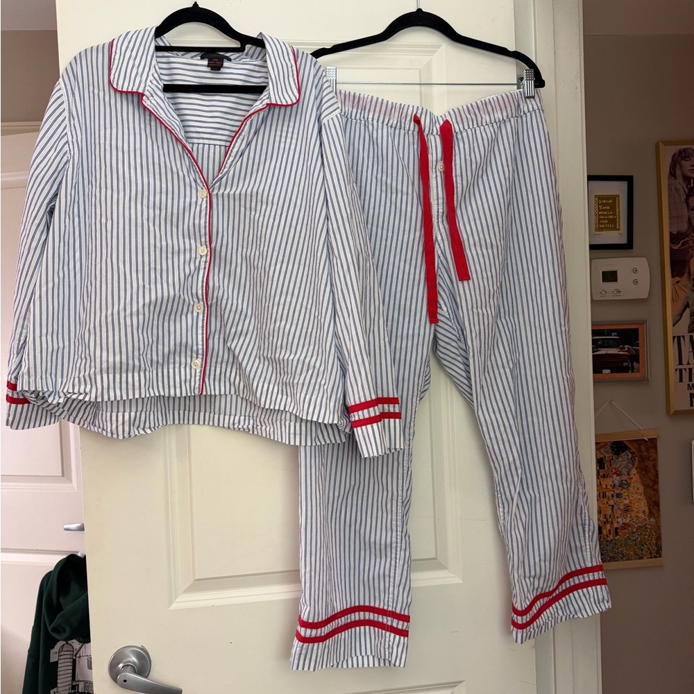 J. Crew White and Blue Pinstripe Pajama Set with Red Trim